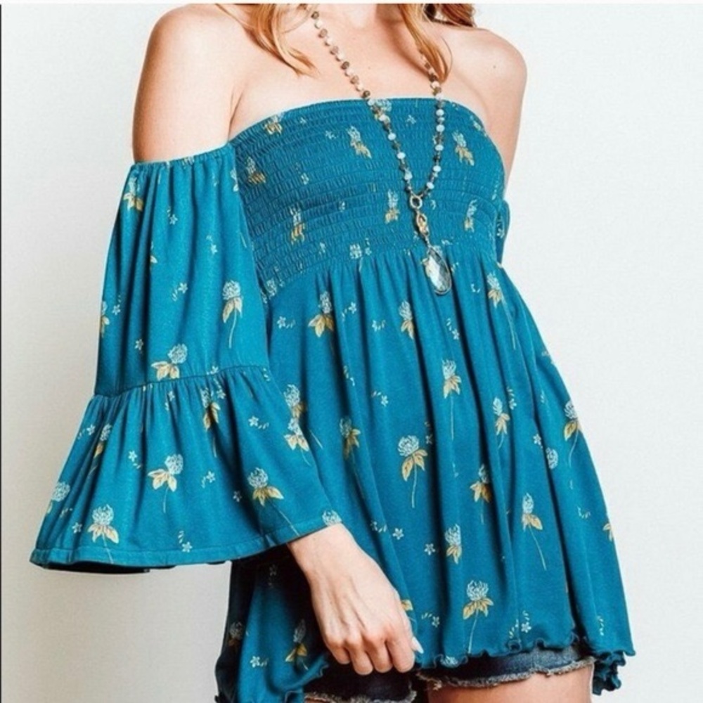 Free People Dark Teal Lana Floral Off Shoulder Boho Smocked Bell Sleeves SP